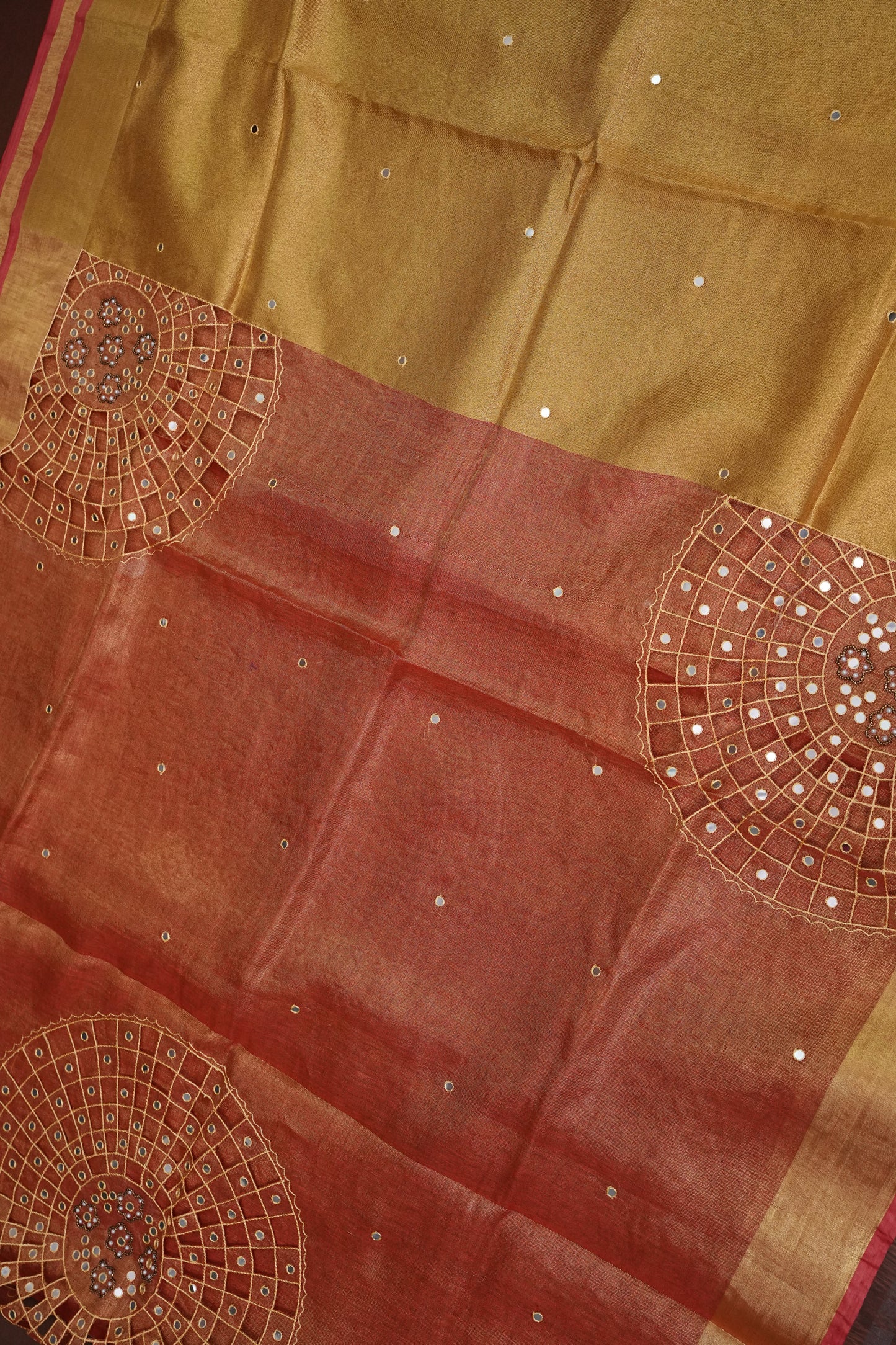 Hand Embroidered Pure Tissue Linen Silk Saree - Peach Orange