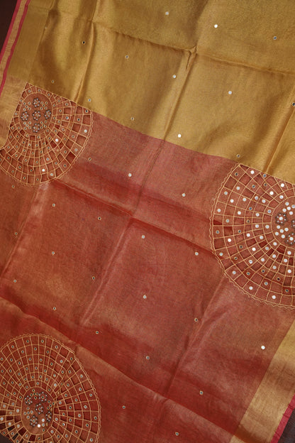 Hand Embroidered Pure Tissue Linen Silk Saree - Peach Orange