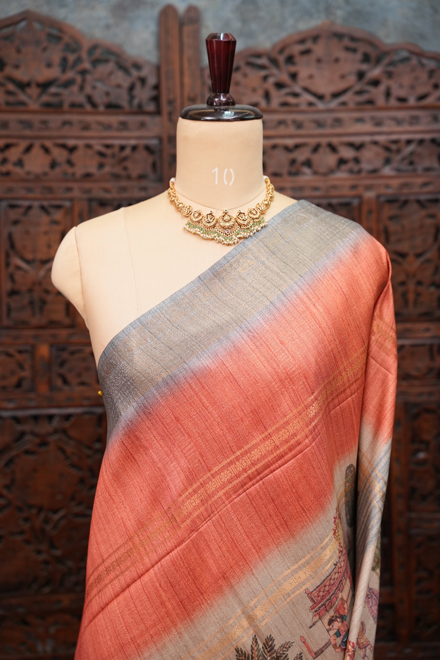 Semi Tussar Saree – Peach & Grey with Heritage Digital Print