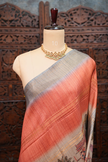 Semi Tussar Saree – Peach & Grey with Heritage Digital Print