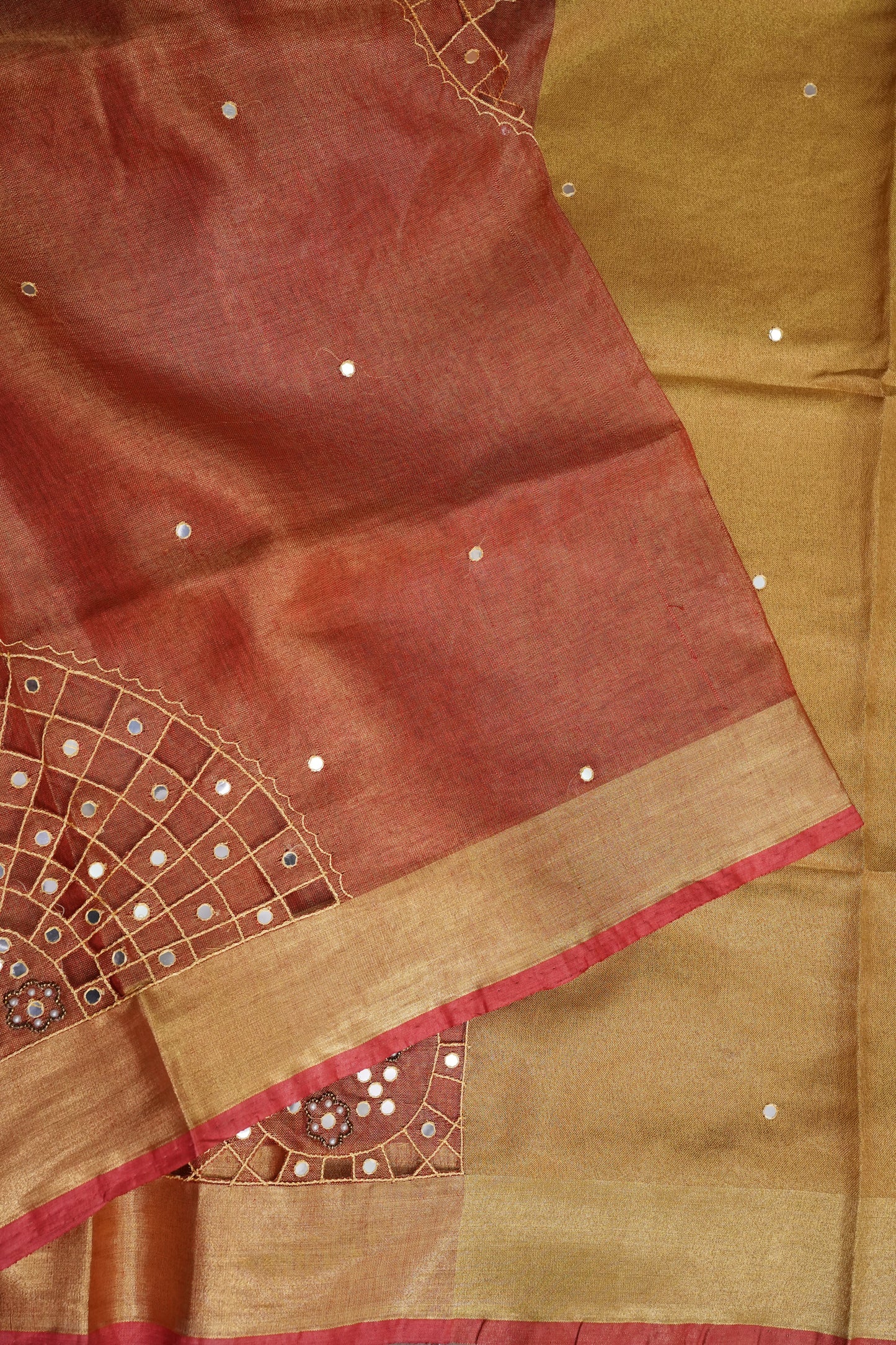 Hand Embroidered Pure Tissue Linen Silk Saree - Peach Orange