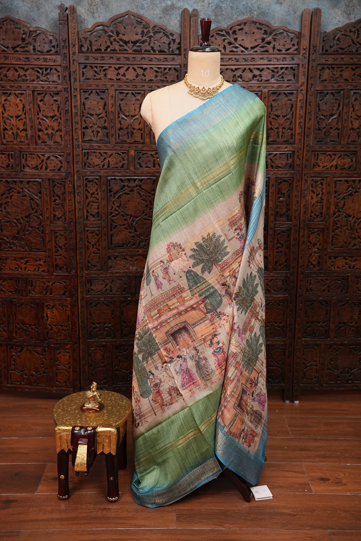 Semi Tussar Saree – Sky Blue & Sage Green with Heritage Digital Print