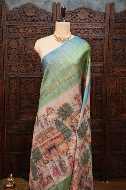 Semi Tussar Saree – Sky Blue & Sage Green with Heritage Digital Print