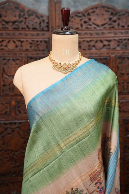 Semi Tussar Saree – Sky Blue & Sage Green with Heritage Digital Print