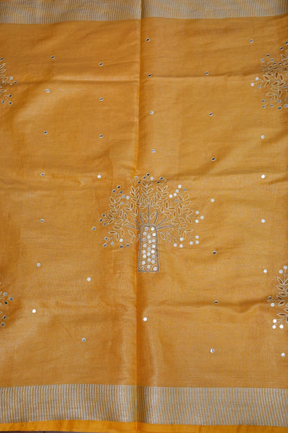 Hand Embroidered Pure Tissue Linen Silk Saree - Yellow