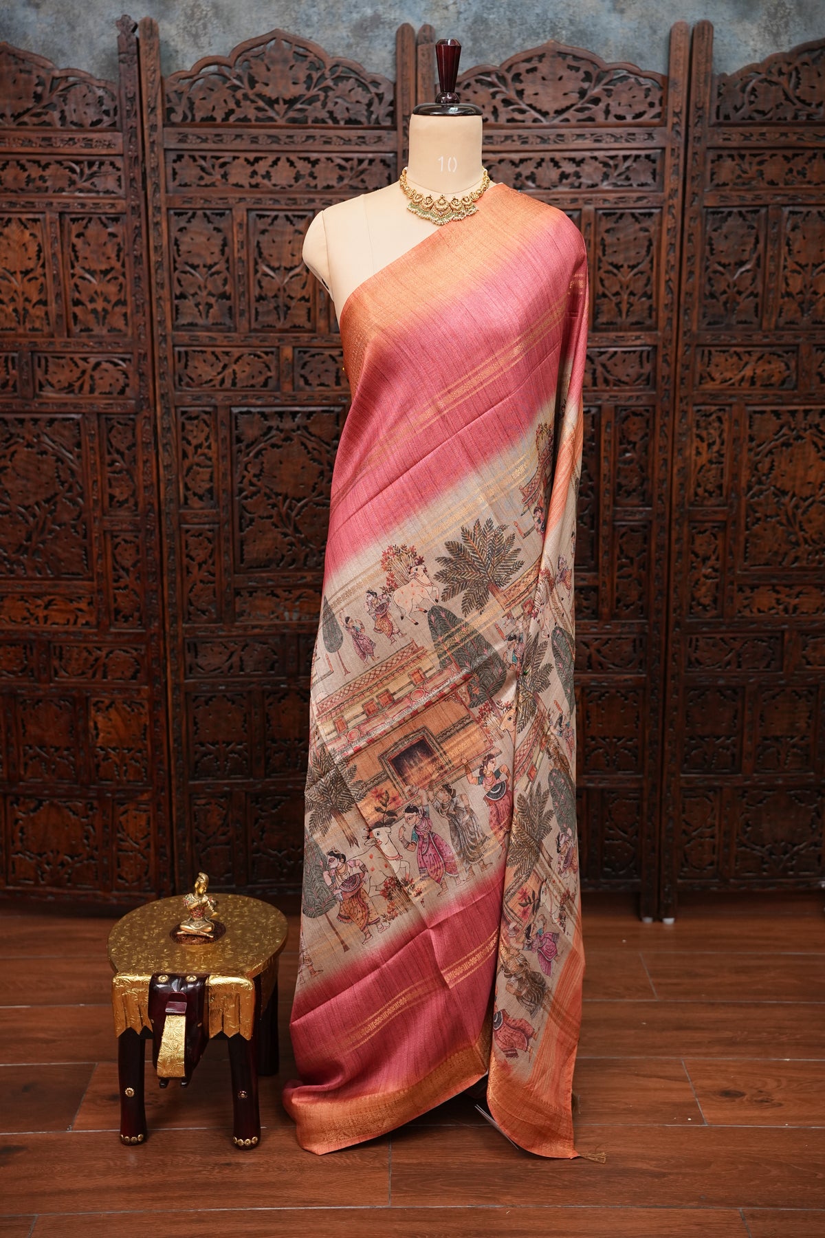 Semi Tussar Saree – Peach & Rose Pink with Heritage Digital Print