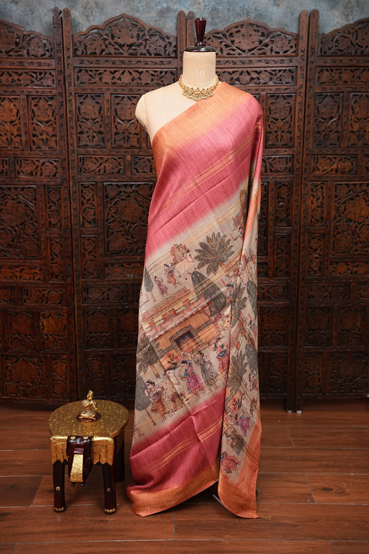 Semi Tussar Saree – Peach & Rose Pink with Heritage Digital Print