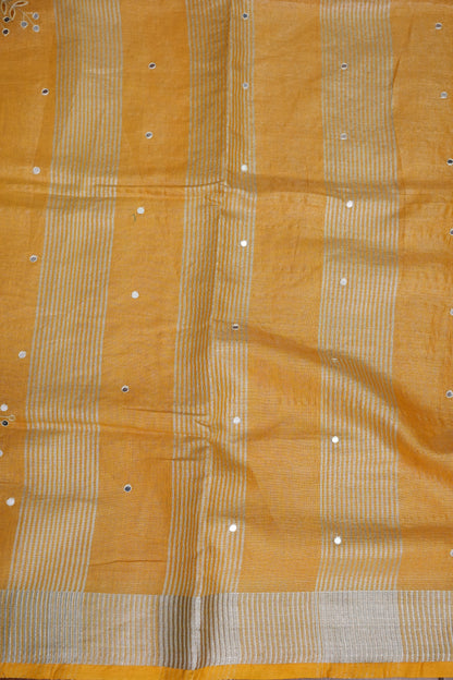 Hand Embroidered Pure Tissue Linen Silk Saree - Yellow