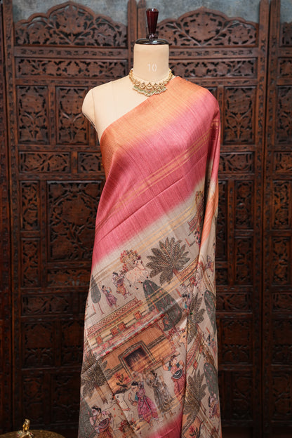 Semi Tussar Saree – Peach & Rose Pink with Heritage Digital Print