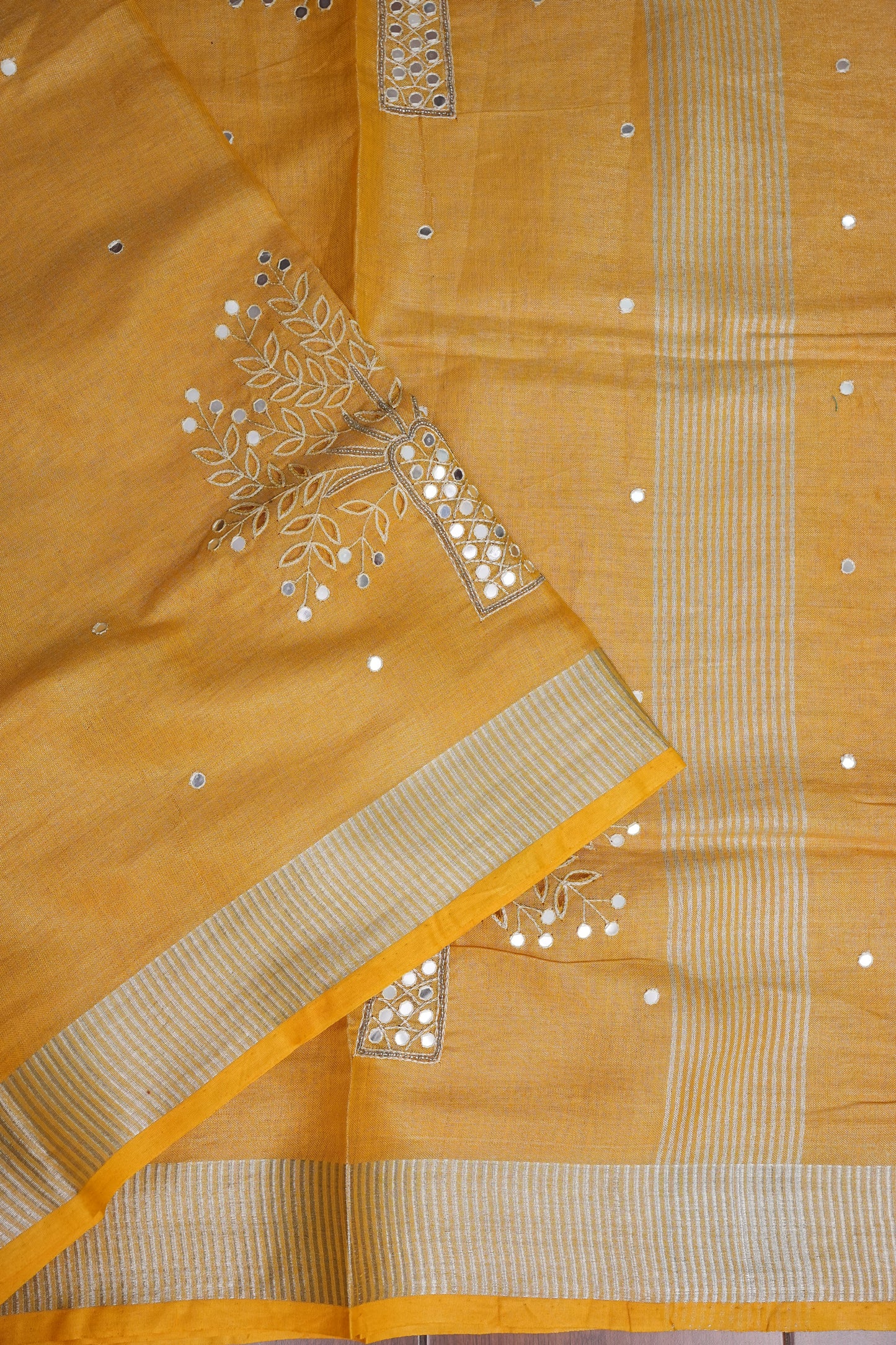 Hand Embroidered Pure Tissue Linen Silk Saree - Yellow