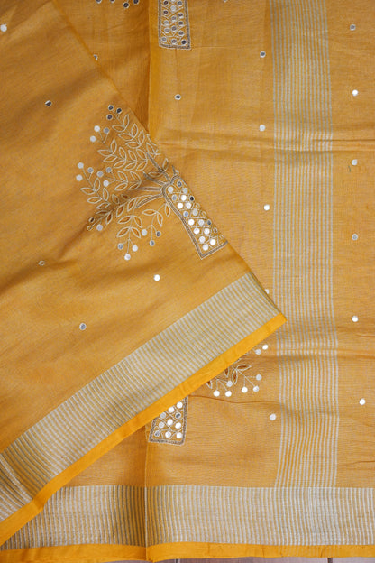 Hand Embroidered Pure Tissue Linen Silk Saree - Yellow