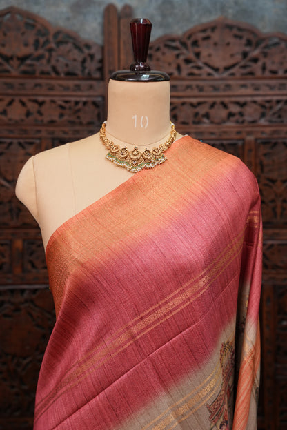 Semi Tussar Saree – Peach & Rose Pink with Heritage Digital Print