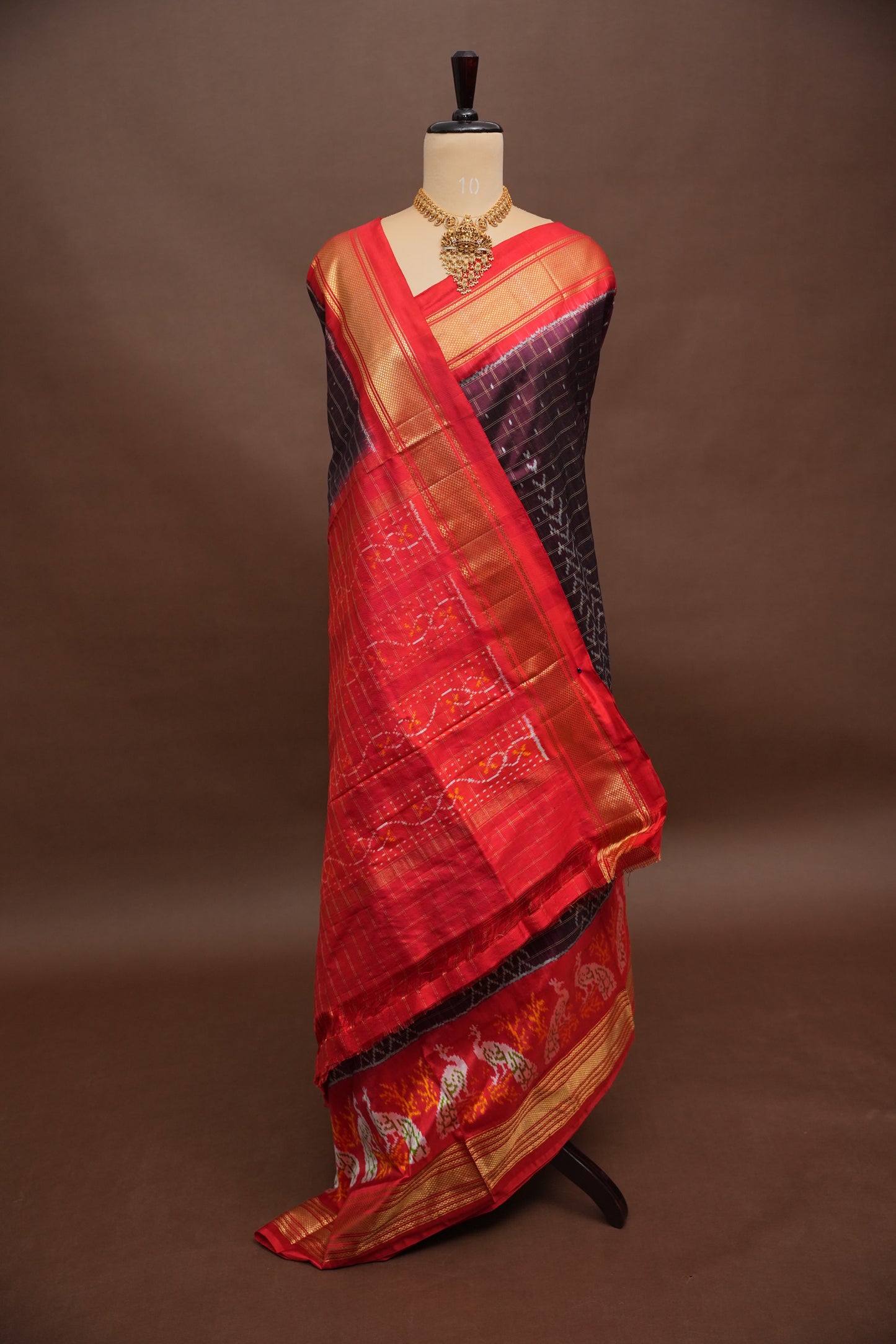Pure Ikkat Soft Silk Saree - Coffee with Red