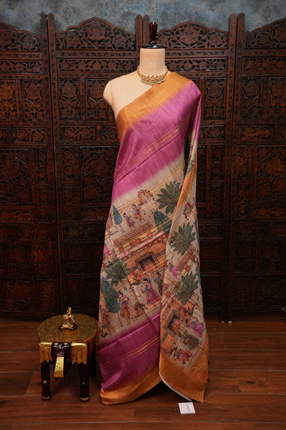 Semi Tussar Saree – Copper Brown & Magenta with Heritage Digital Print