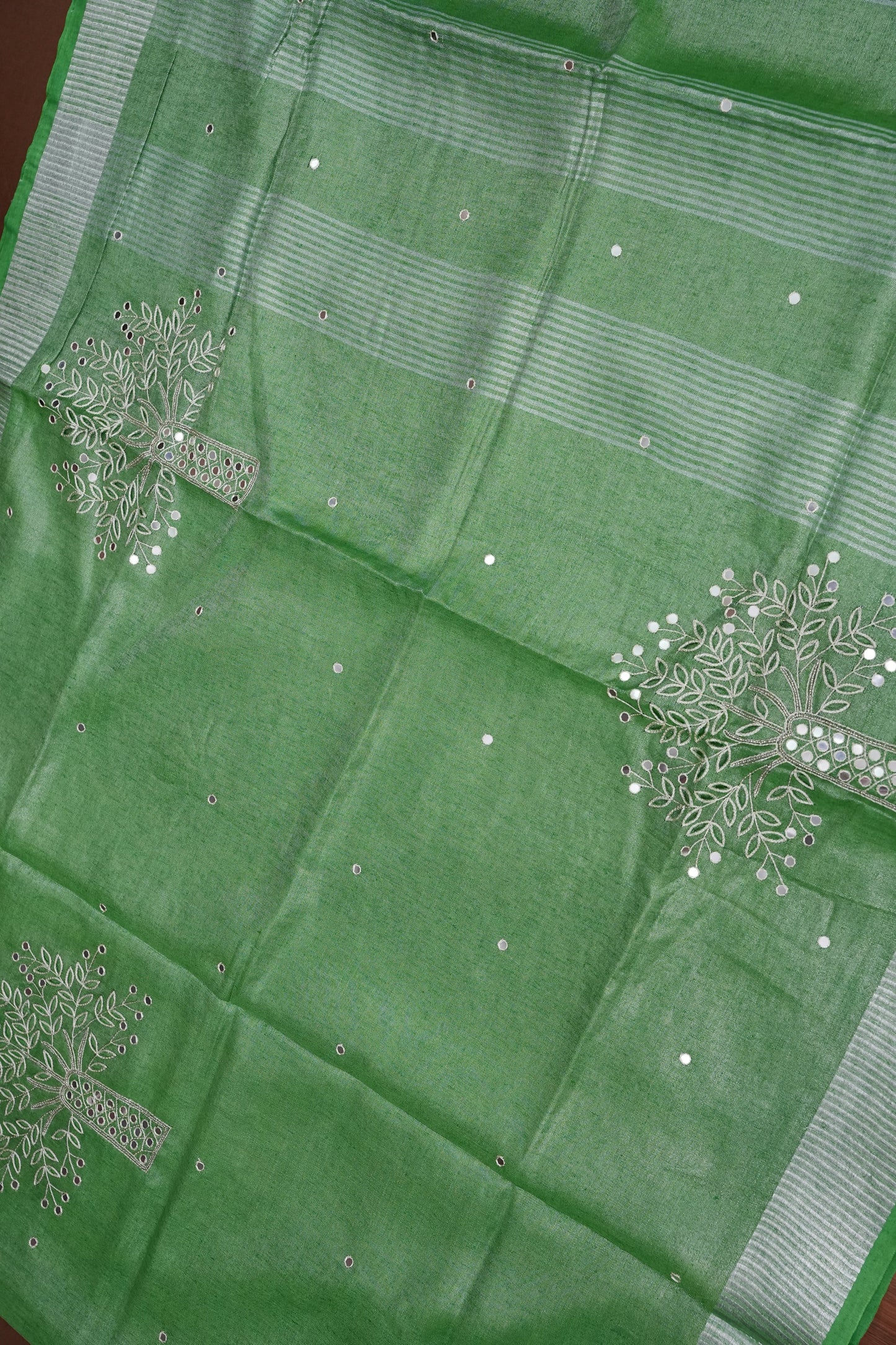 Hand Embroidered Pure Tissue Linen Silk Saree - Leaf Green