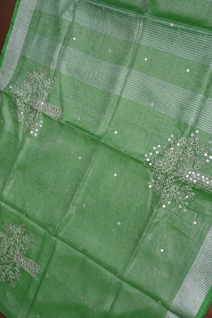 Hand Embroidered Pure Tissue Linen Silk Saree - Leaf Green