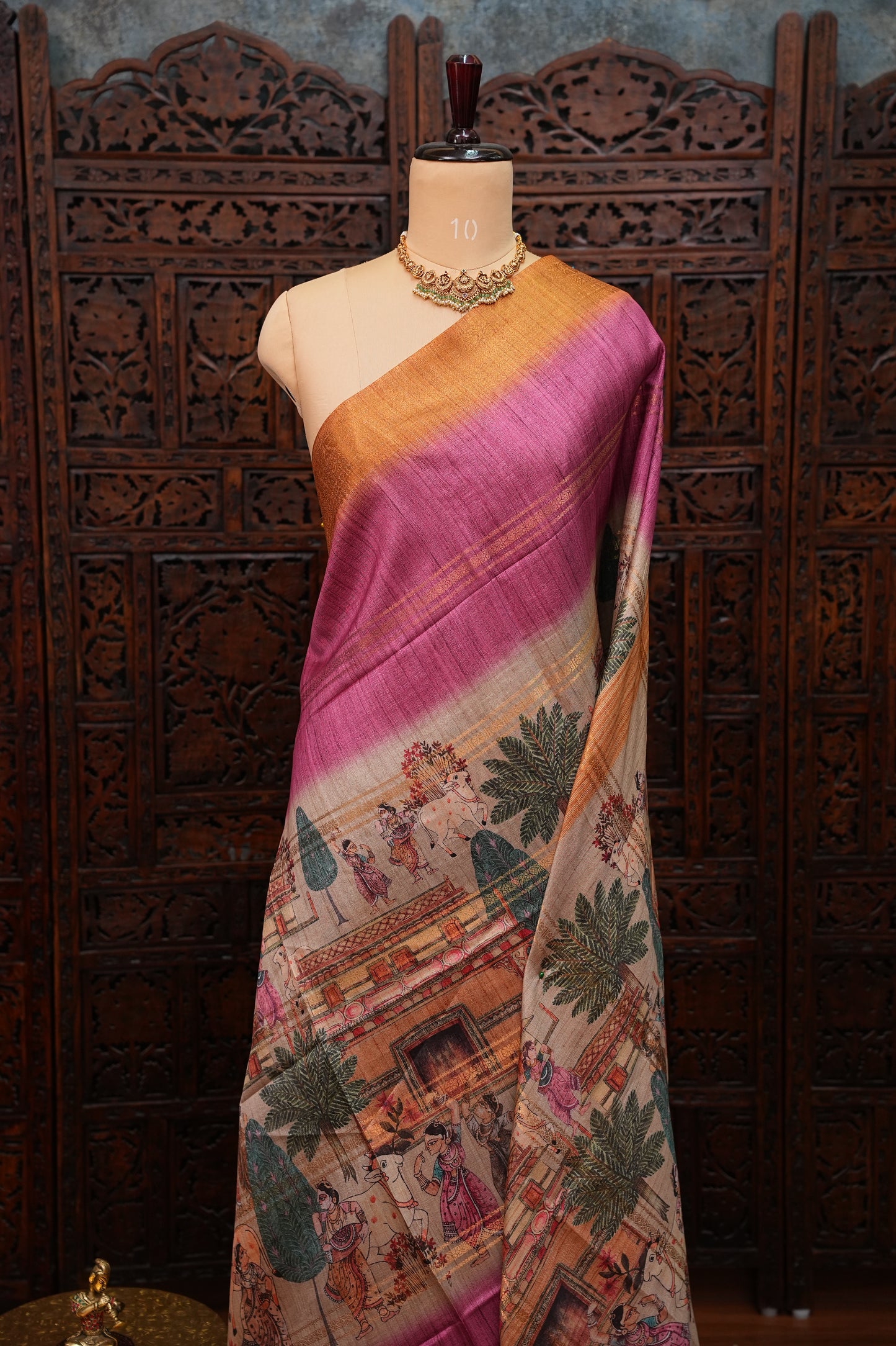 Semi Tussar Saree – Copper Brown & Magenta with Heritage Digital Print
