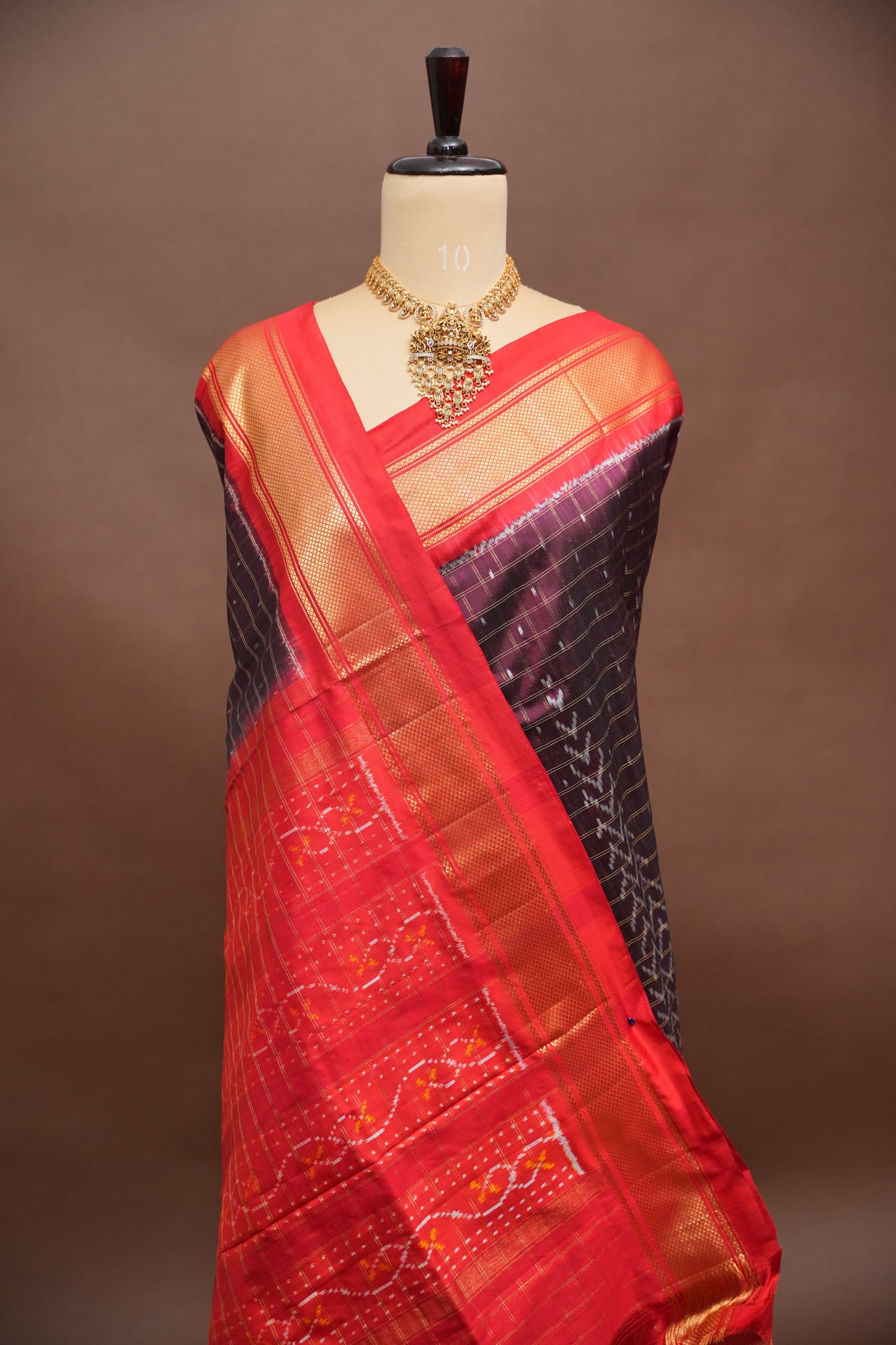 Pure Ikkat Soft Silk Saree - Coffee with Red