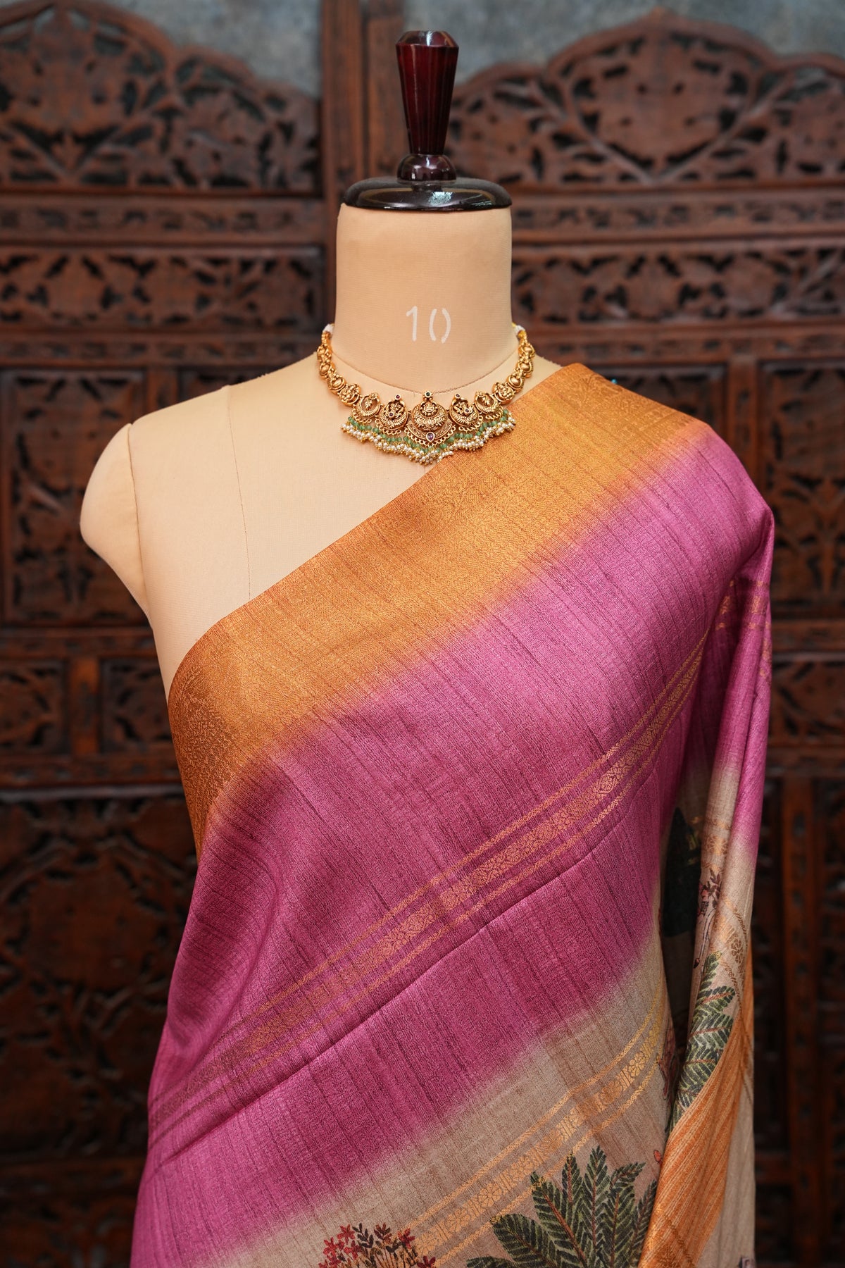 Semi Tussar Saree – Copper Brown & Magenta with Heritage Digital Print