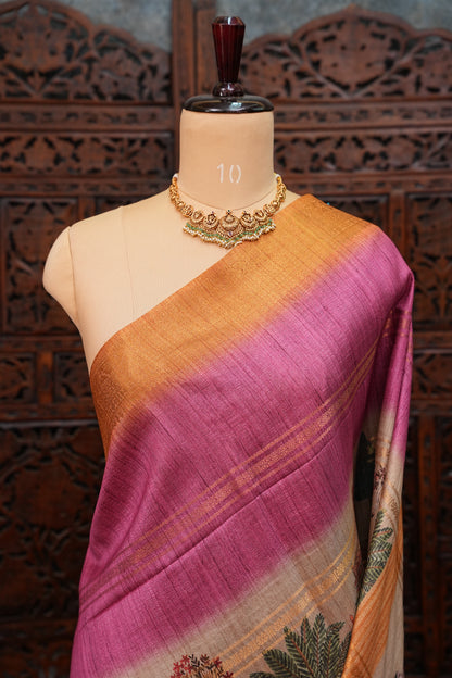 Semi Tussar Saree – Copper Brown & Magenta with Heritage Digital Print