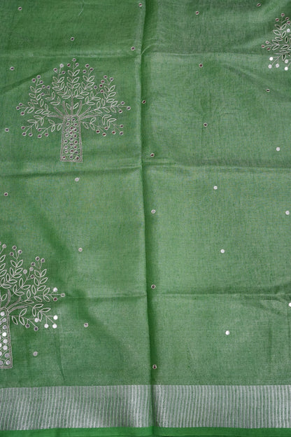 Hand Embroidered Pure Tissue Linen Silk Saree - Leaf Green
