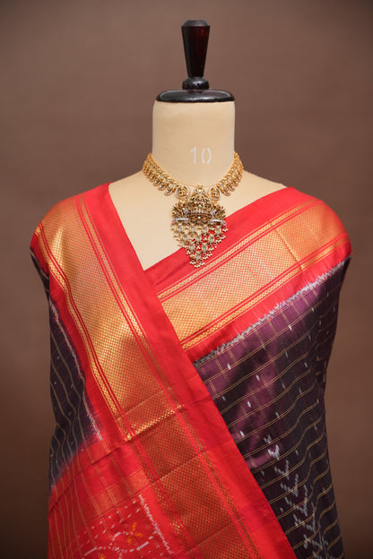 Pure Ikkat Soft Silk Saree - Coffee with Red