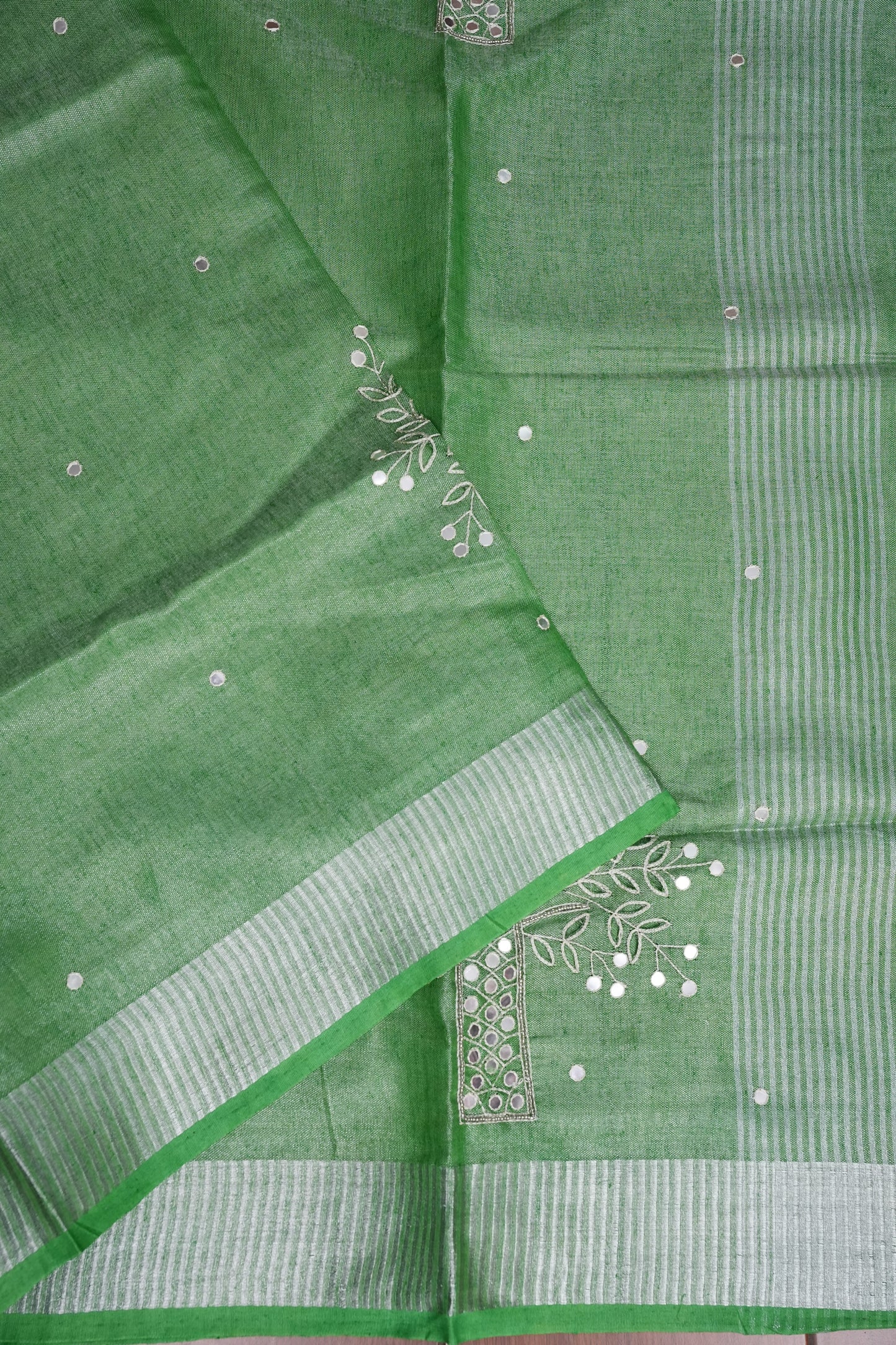 Hand Embroidered Pure Tissue Linen Silk Saree - Leaf Green