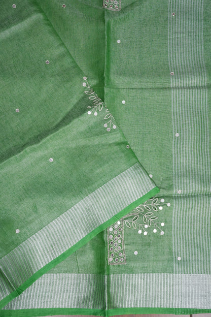 Hand Embroidered Pure Tissue Linen Silk Saree - Leaf Green