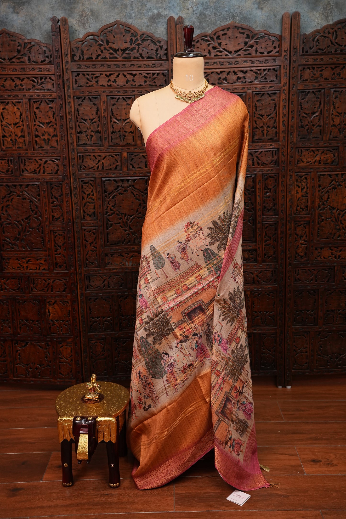 Semi Tussar Saree – Copper Brown & Pink with Heritage Digital Print