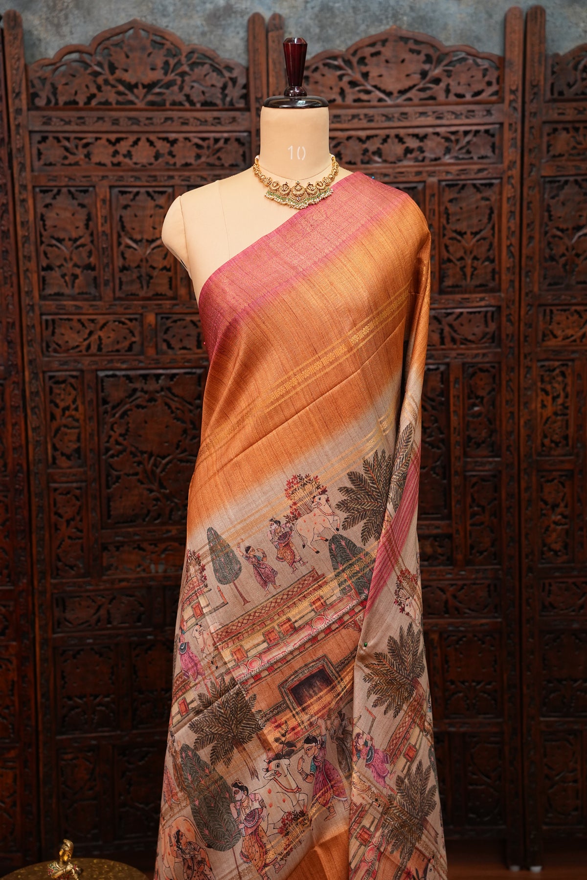 Semi Tussar Saree – Copper Brown & Pink with Heritage Digital Print
