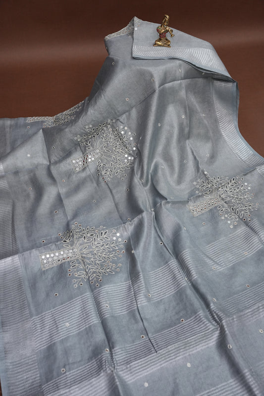 Hand Embroidered Pure Tissue Linen Silk Saree - Silver Grey