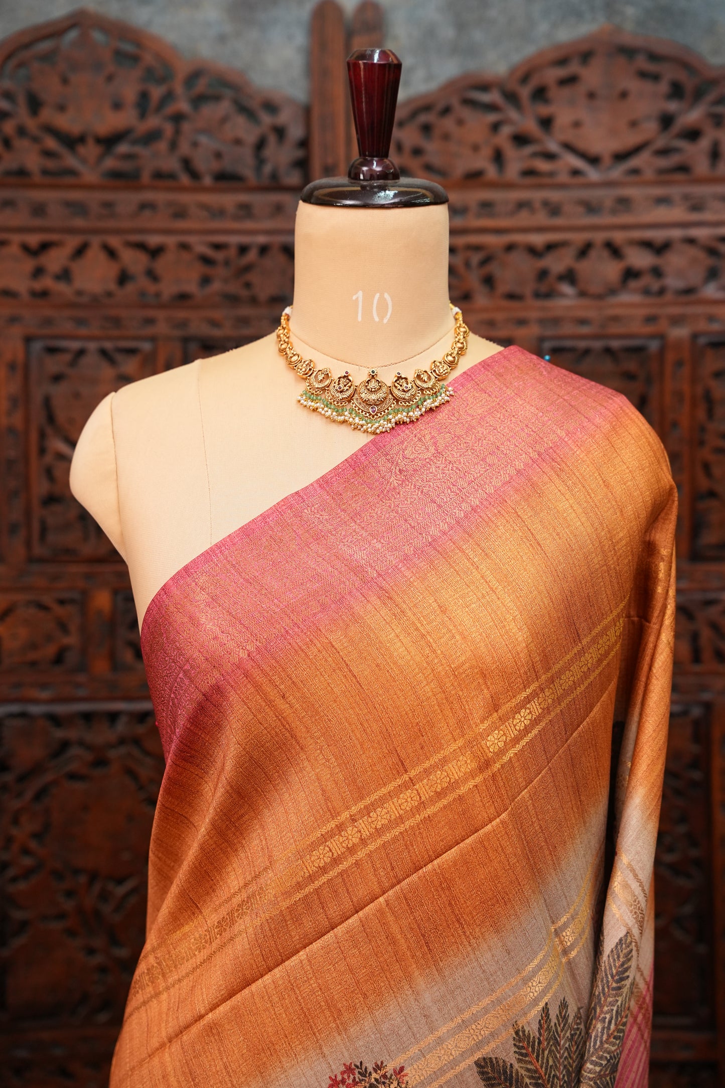 Semi Tussar Saree – Copper Brown & Pink with Heritage Digital Print