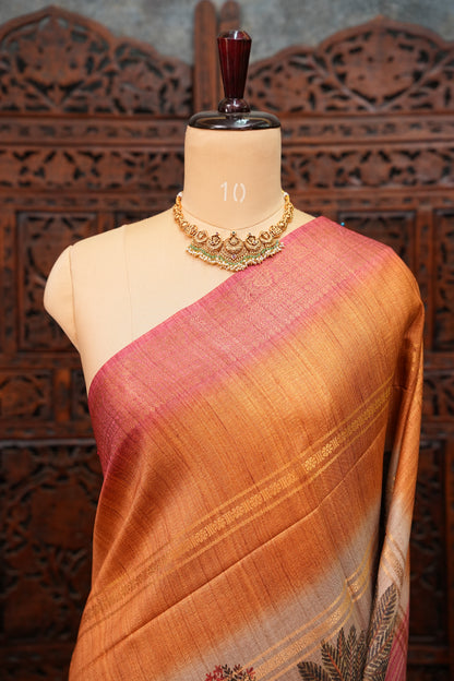 Semi Tussar Saree – Copper Brown & Pink with Heritage Digital Print