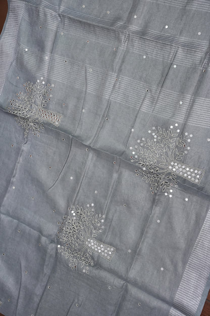 Hand Embroidered Pure Tissue Linen Silk Saree - Silver Grey