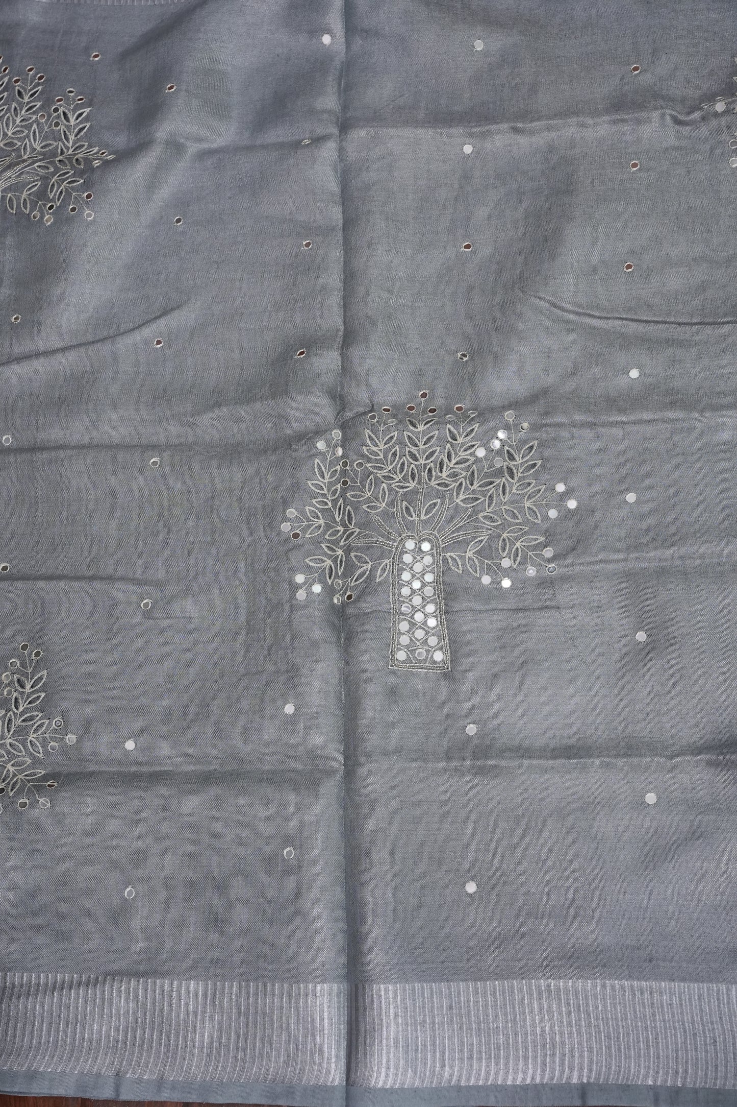 Hand Embroidered Pure Tissue Linen Silk Saree - Silver Grey