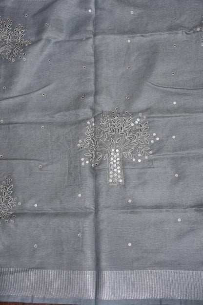 Hand Embroidered Pure Tissue Linen Silk Saree - Silver Grey