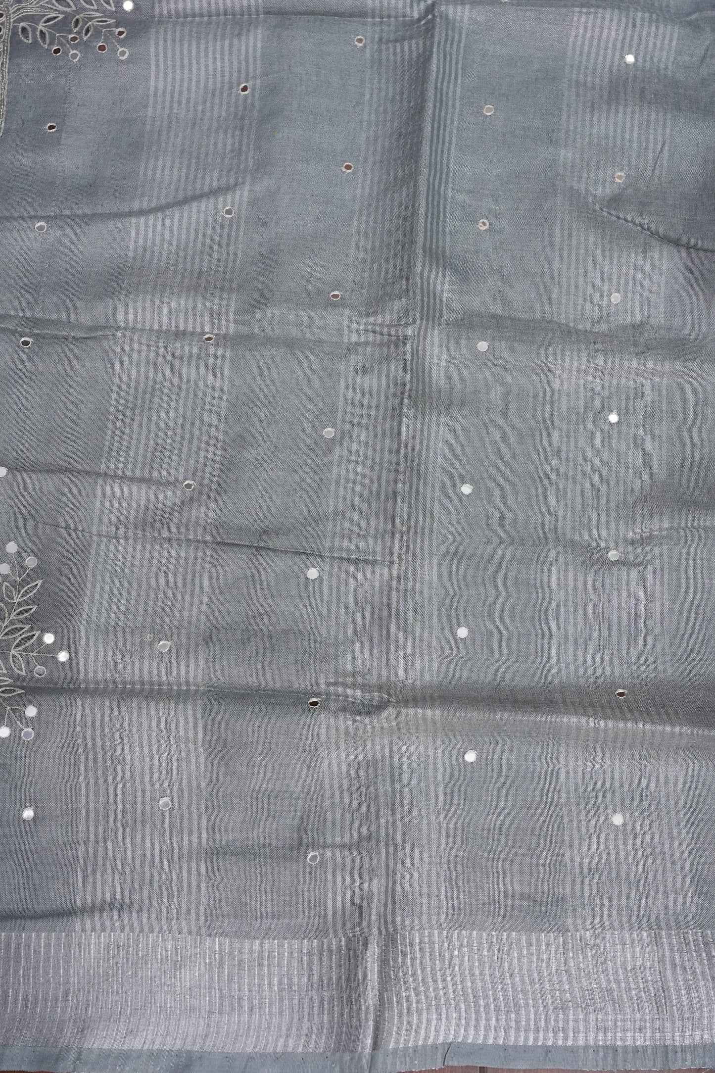 Hand Embroidered Pure Tissue Linen Silk Saree - Silver Grey