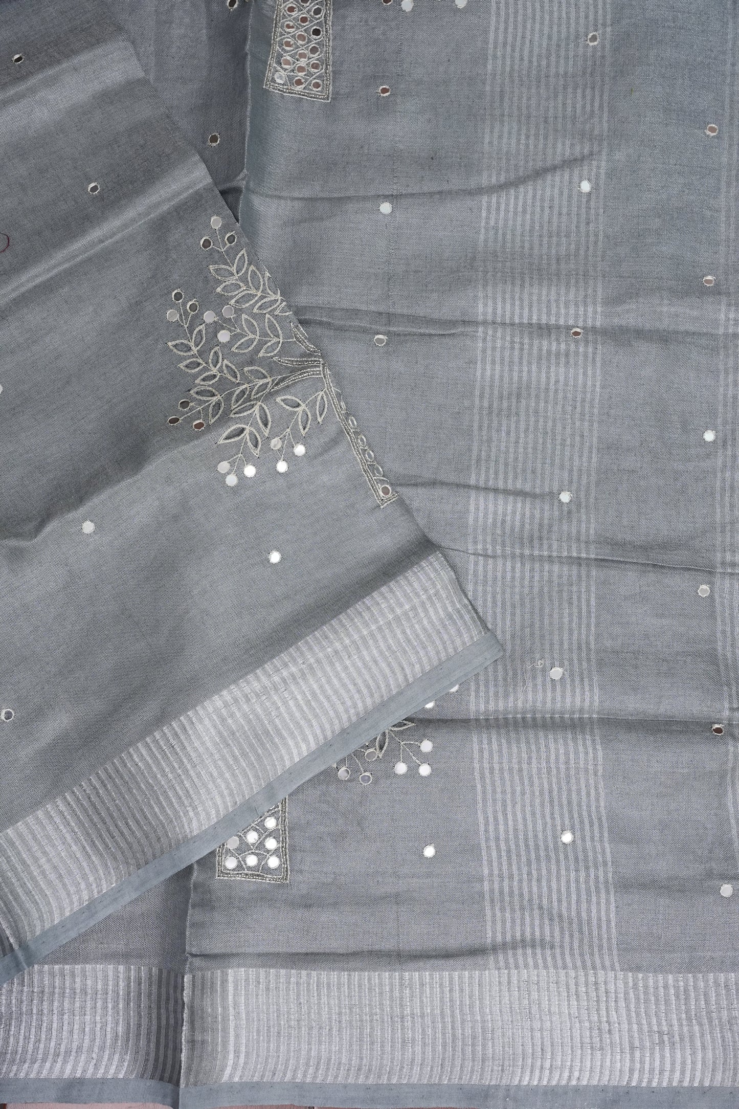 Hand Embroidered Pure Tissue Linen Silk Saree - Silver Grey