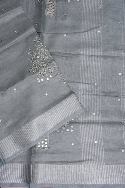 Hand Embroidered Pure Tissue Linen Silk Saree - Silver Grey