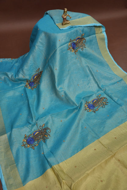 Hand Embroidered Pure Tissue Linen Silk Saree - Sky Blue & Gold