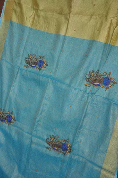 Hand Embroidered Pure Tissue Linen Silk Saree - Sky Blue & Gold