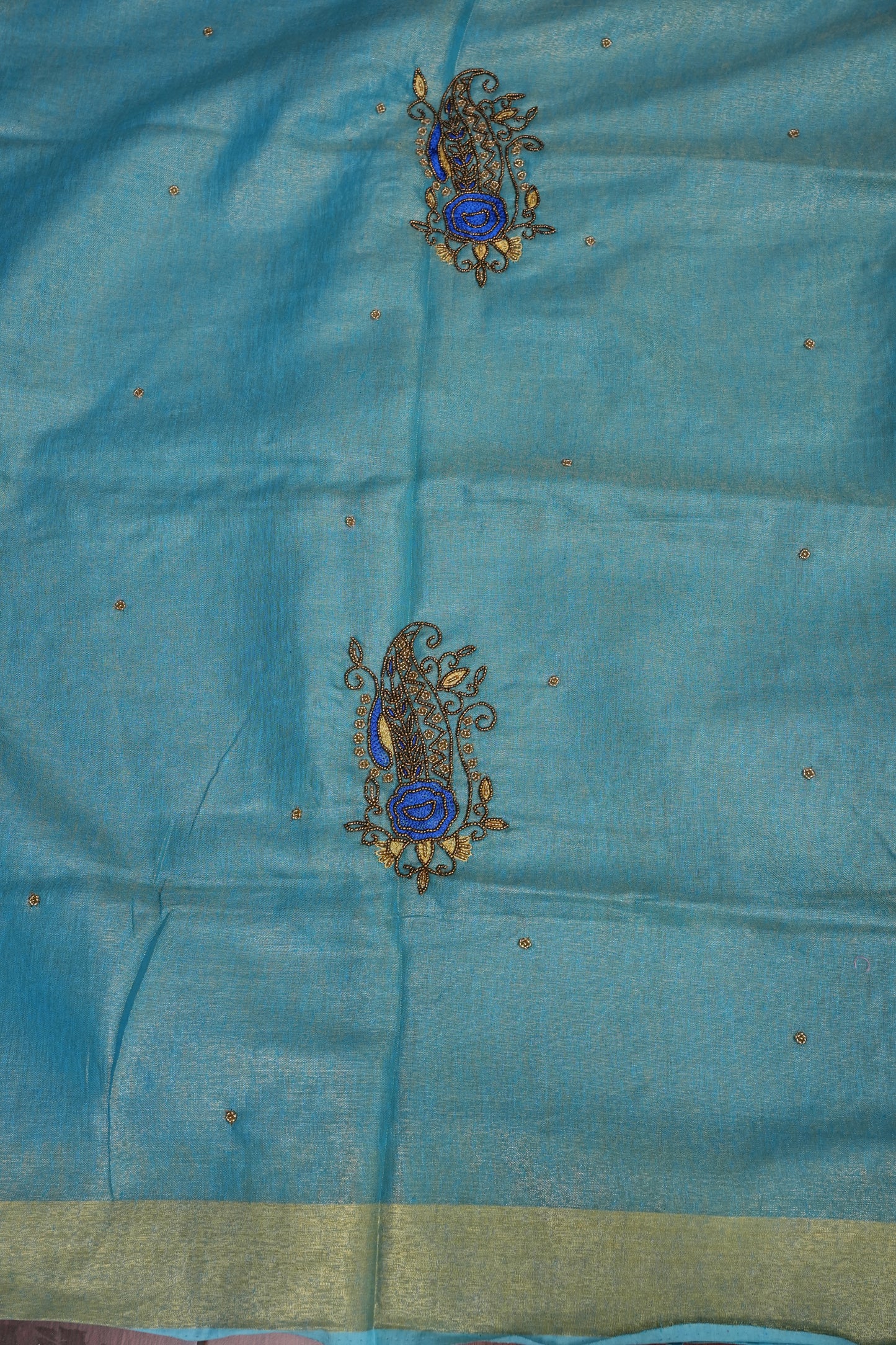 Hand Embroidered Pure Tissue Linen Silk Saree - Sky Blue & Gold