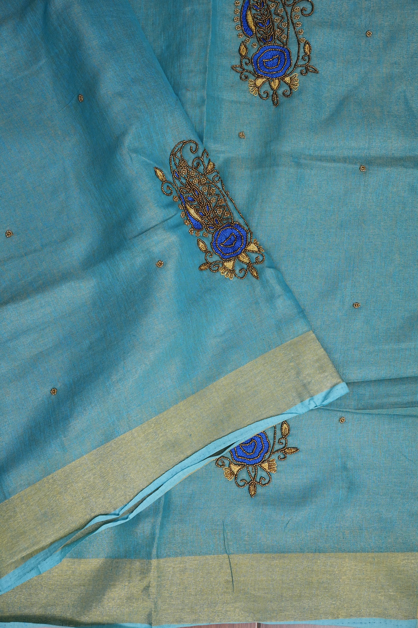 Hand Embroidered Pure Tissue Linen Silk Saree - Sky Blue & Gold