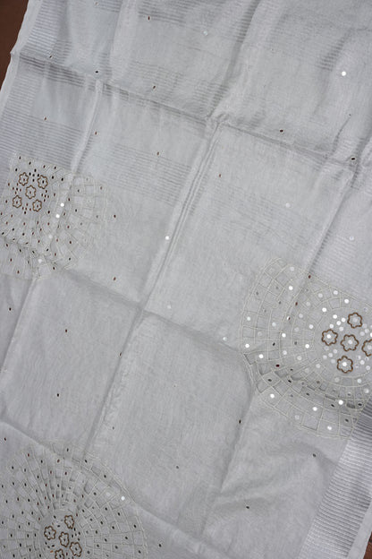 Hand Embroidered Pure Tissue Linen Silk Saree - White silver
