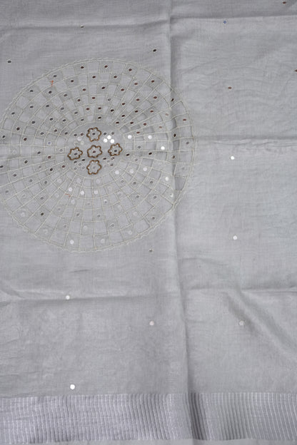 Hand Embroidered Pure Tissue Linen Silk Saree - White silver