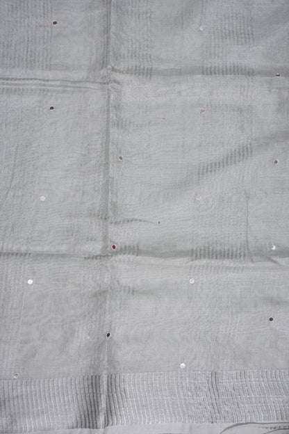 Hand Embroidered Pure Tissue Linen Silk Saree - White silver