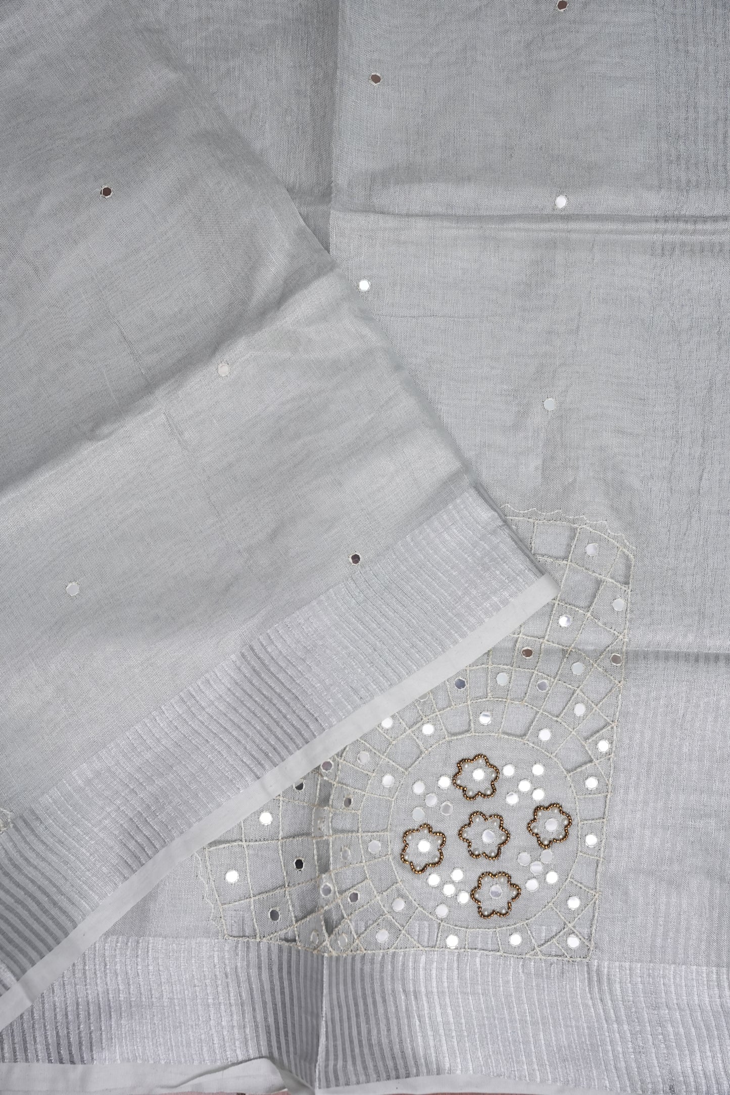 Hand Embroidered Pure Tissue Linen Silk Saree - White silver