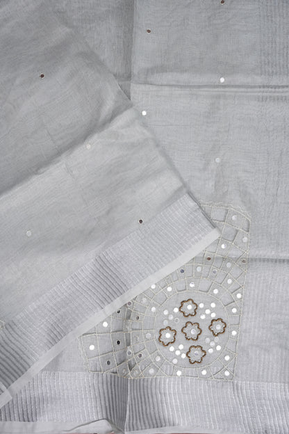 Hand Embroidered Pure Tissue Linen Silk Saree - White silver