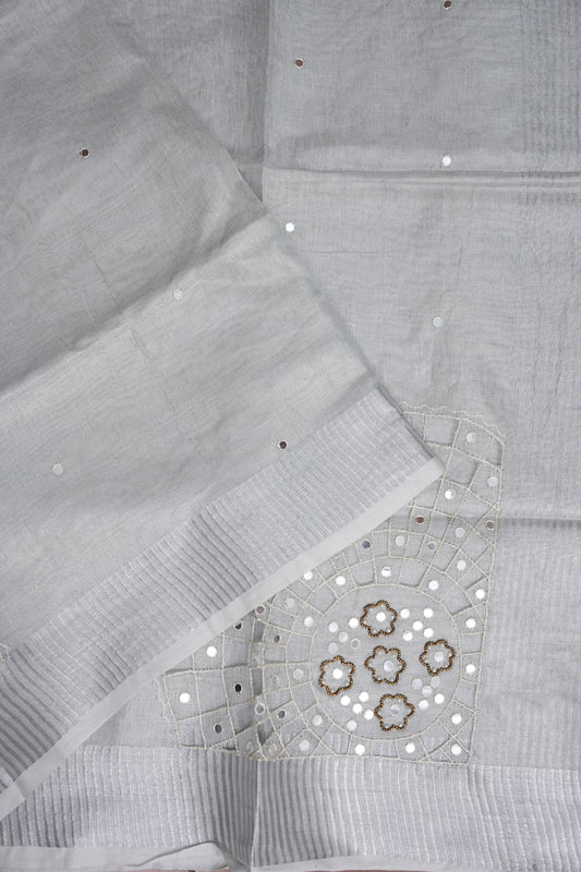 Hand Embroidered Pure Tissue Linen Silk Saree - White silver