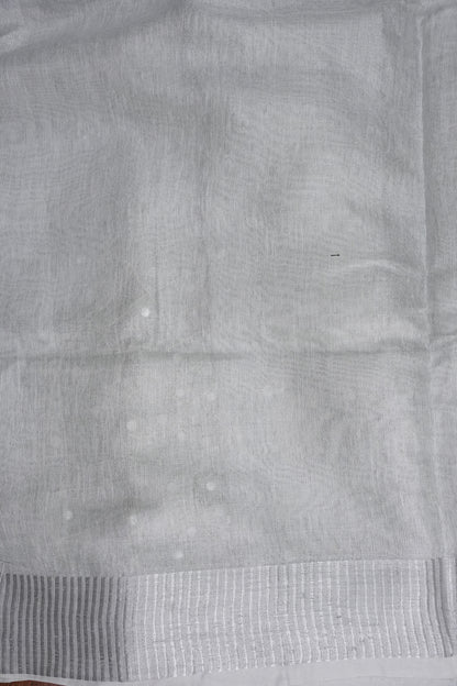 Hand Embroidered Pure Tissue Linen Silk Saree - White silver
